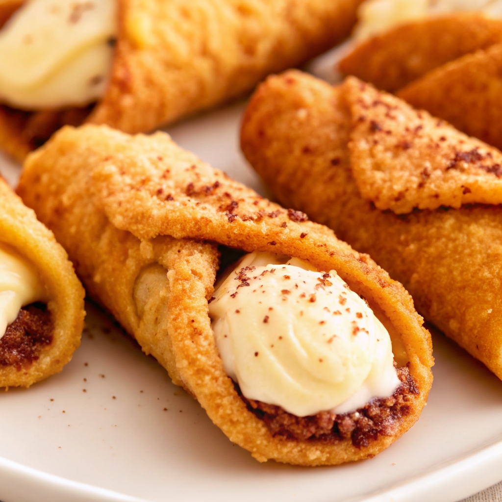 Close-up of golden-brown cannoli cookies filled with creamy ricotta and chocolate chip filling, topped with a light dusting of cocoa powder.