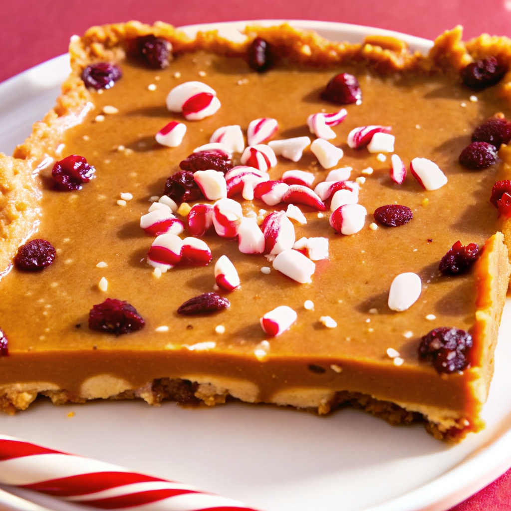 A close-up of classic Christmas toffee topped with crushed peppermint candy and dried cranberries on a white plate.