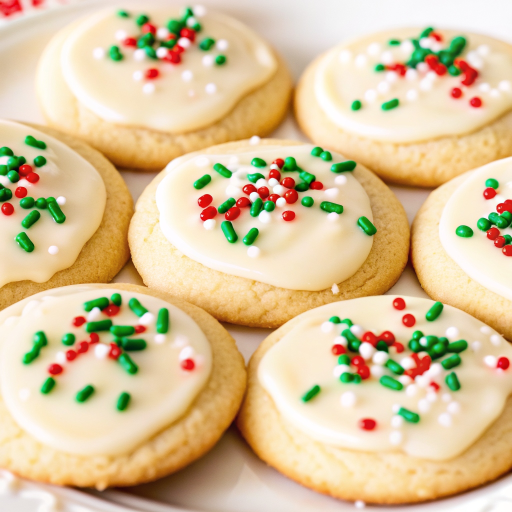 Frosted Crumbl-style Christmas sugar cookies topped with red, green, and white holiday sprinkles on a white plate.