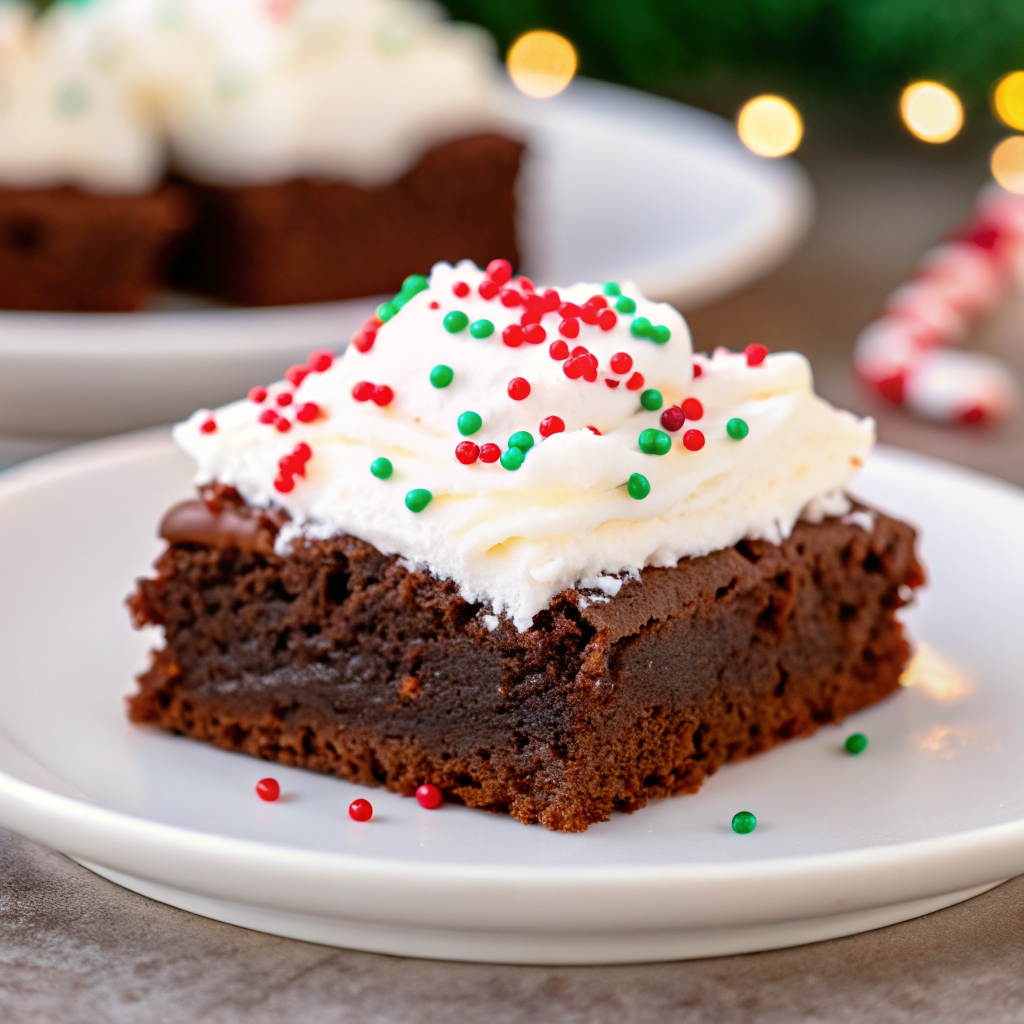 A rich, fudgy brownie topped with white frosting and red, green, and white Christmas sprinkles on a white plate.