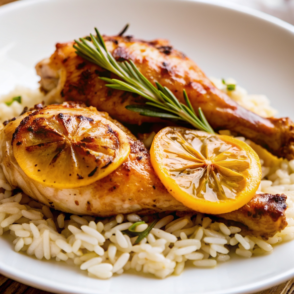 Close-up of lemon herb chicken served over a bed of seasoned rice, garnished with fresh rosemary and lemon slices.