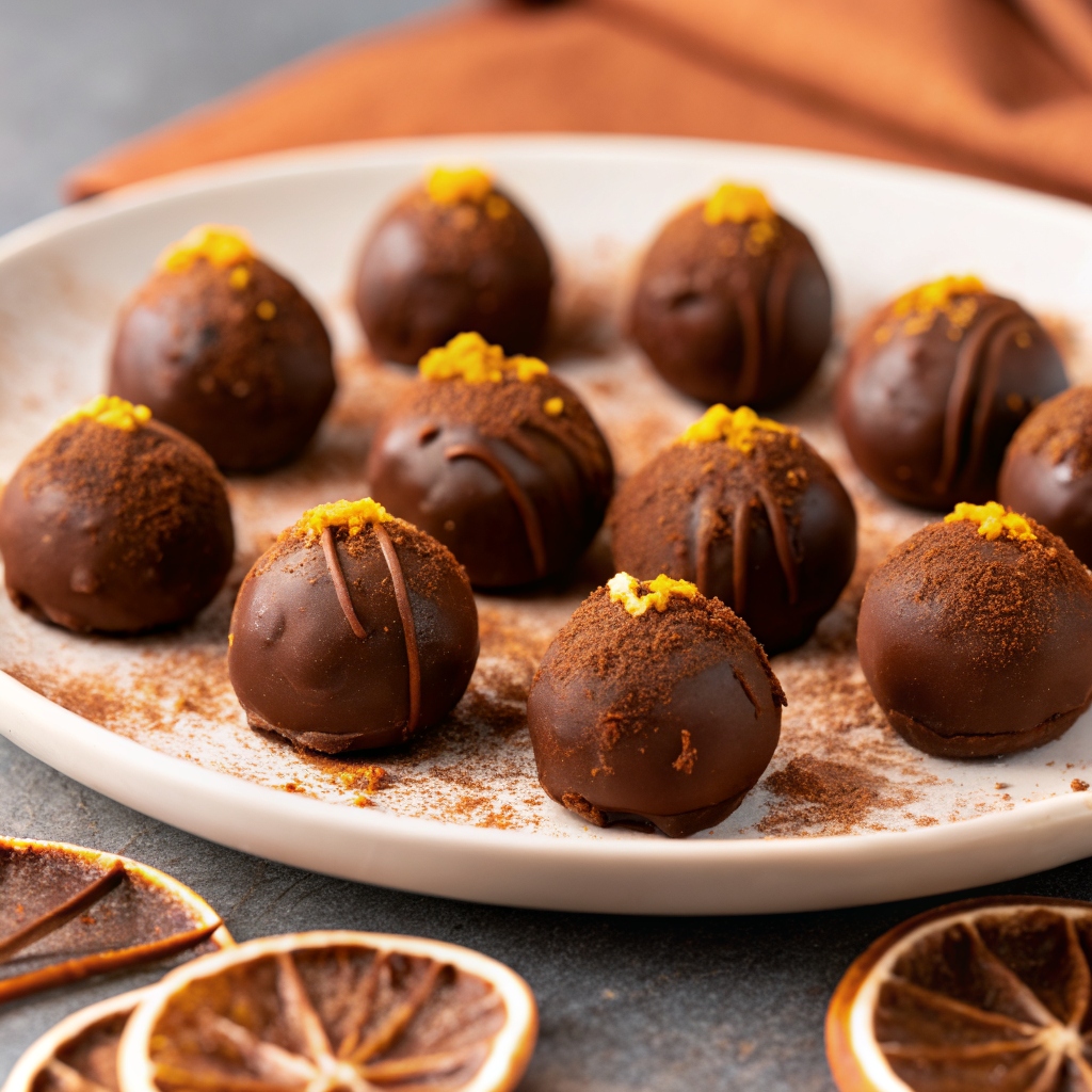 A close-up view of festive orange chocolate Christmas truffles, beautifully arranged on a white plate. Each truffle is coated in smooth dark chocolate, dusted with cocoa powder, and topped with a sprinkle of bright orange zest, with dried orange slices visible nearby to enhance the holiday theme.