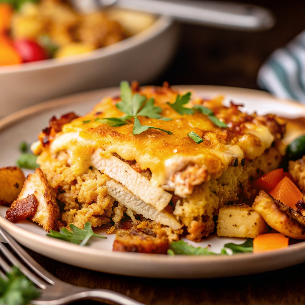 A close-up of a golden-baked stuffing turkey casserole topped with melted cheese and garnished with fresh parsley, served with roasted vegetables.
