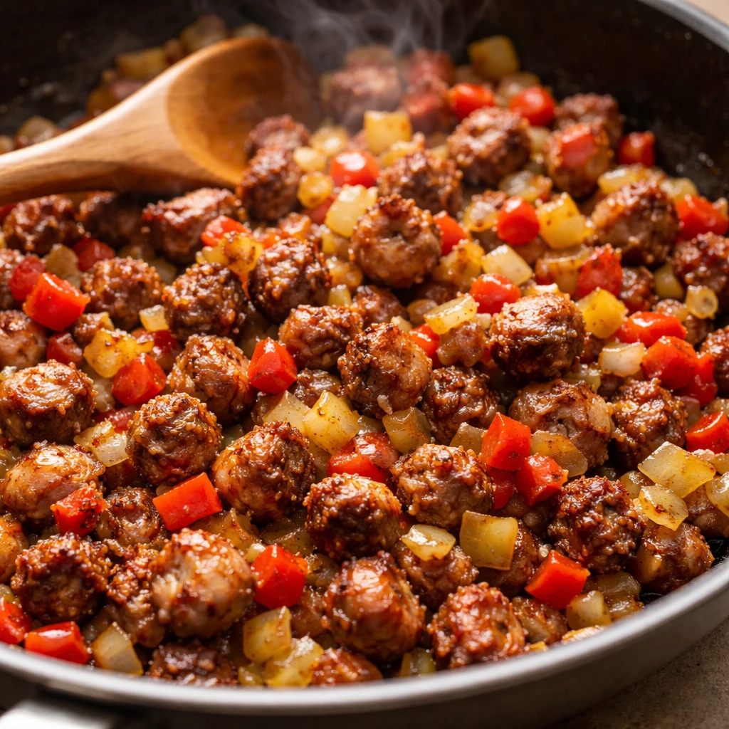Close-up cooking process shot: a skillet scene showing the cooked, deeply browned breakfast sausage 