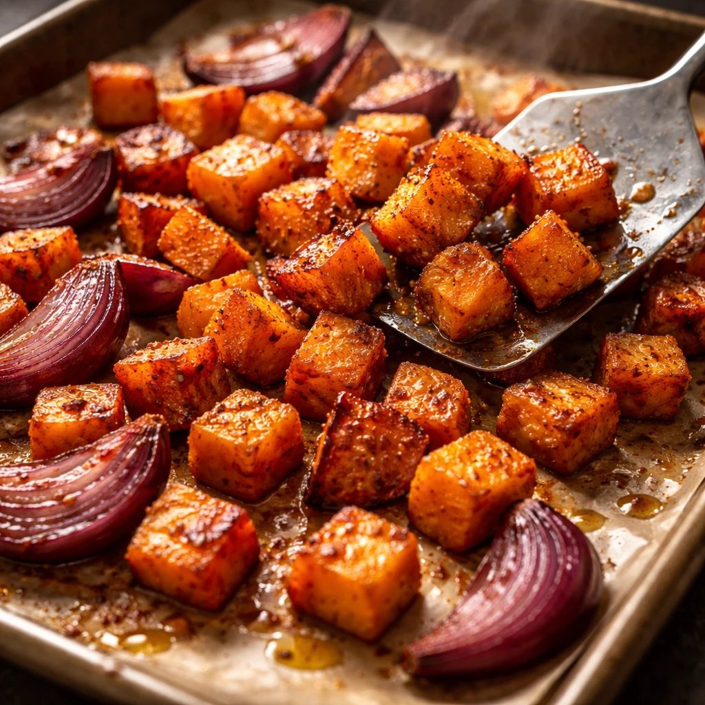 Close-up cooking process shot of roasted sweet potatoes and red onions just out of the oven on a par
