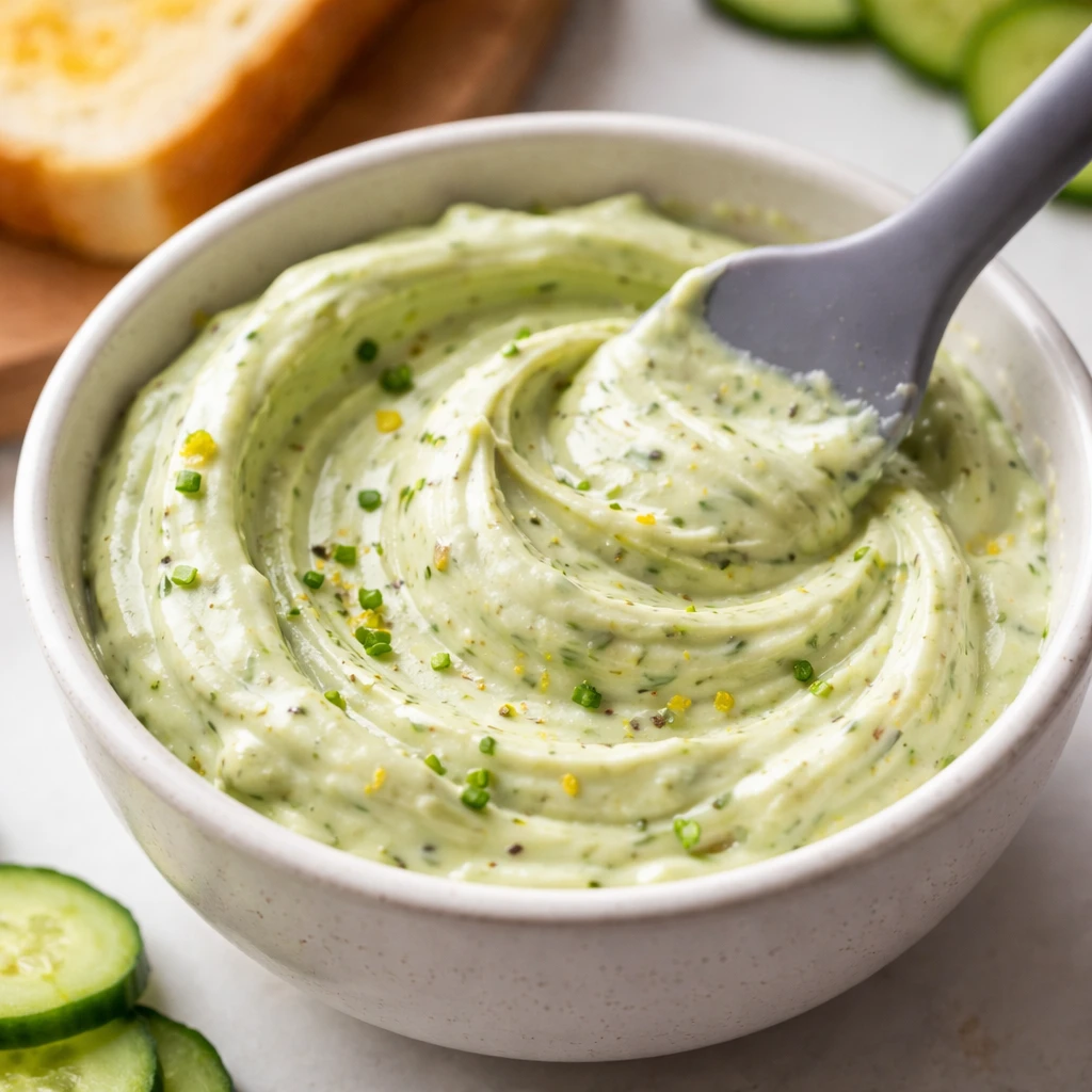 Close-up detail, cooking process: A small ceramic bowl of freshly mixed avocado–cream cheese sprea