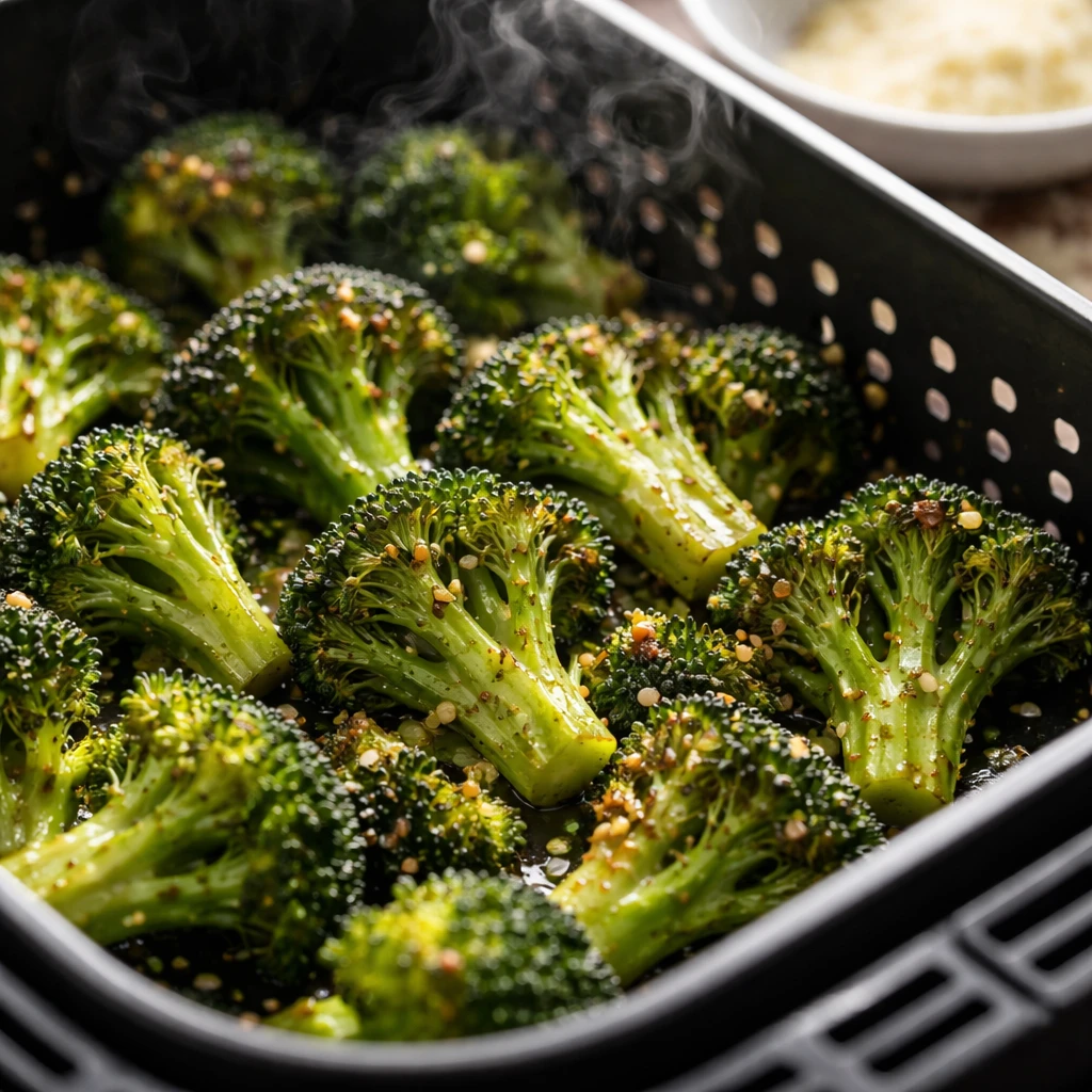 Close-up detail, cooking process: Air fryer basket at 390°F filled with a loose single layer of coo
