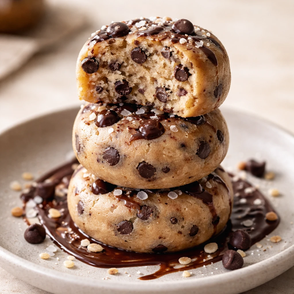 Close-up detail of 3 High Protein Cookie Dough Bites stacked on a small matte ceramic plate, one bit