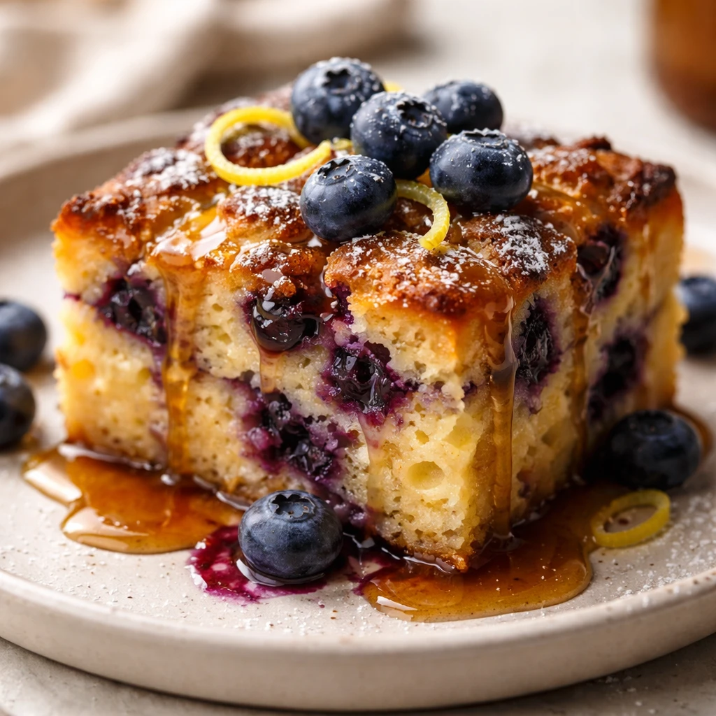 Close-up detail of a plated square of Blueberry French Toast Casserole with blueberries studding the