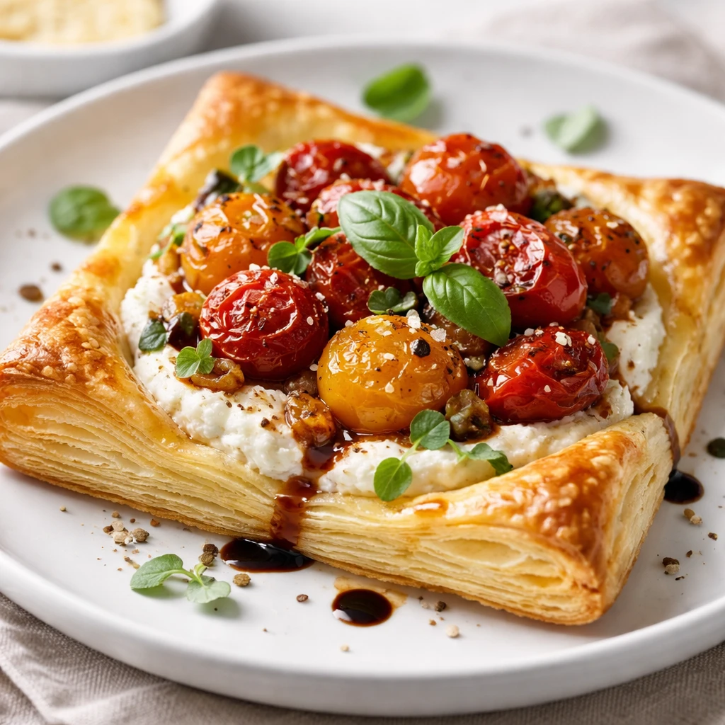 Close-up detail of a plated Tomato Ricotta Puff Pastry Tartlet for serving: ultra-flaky layers and c