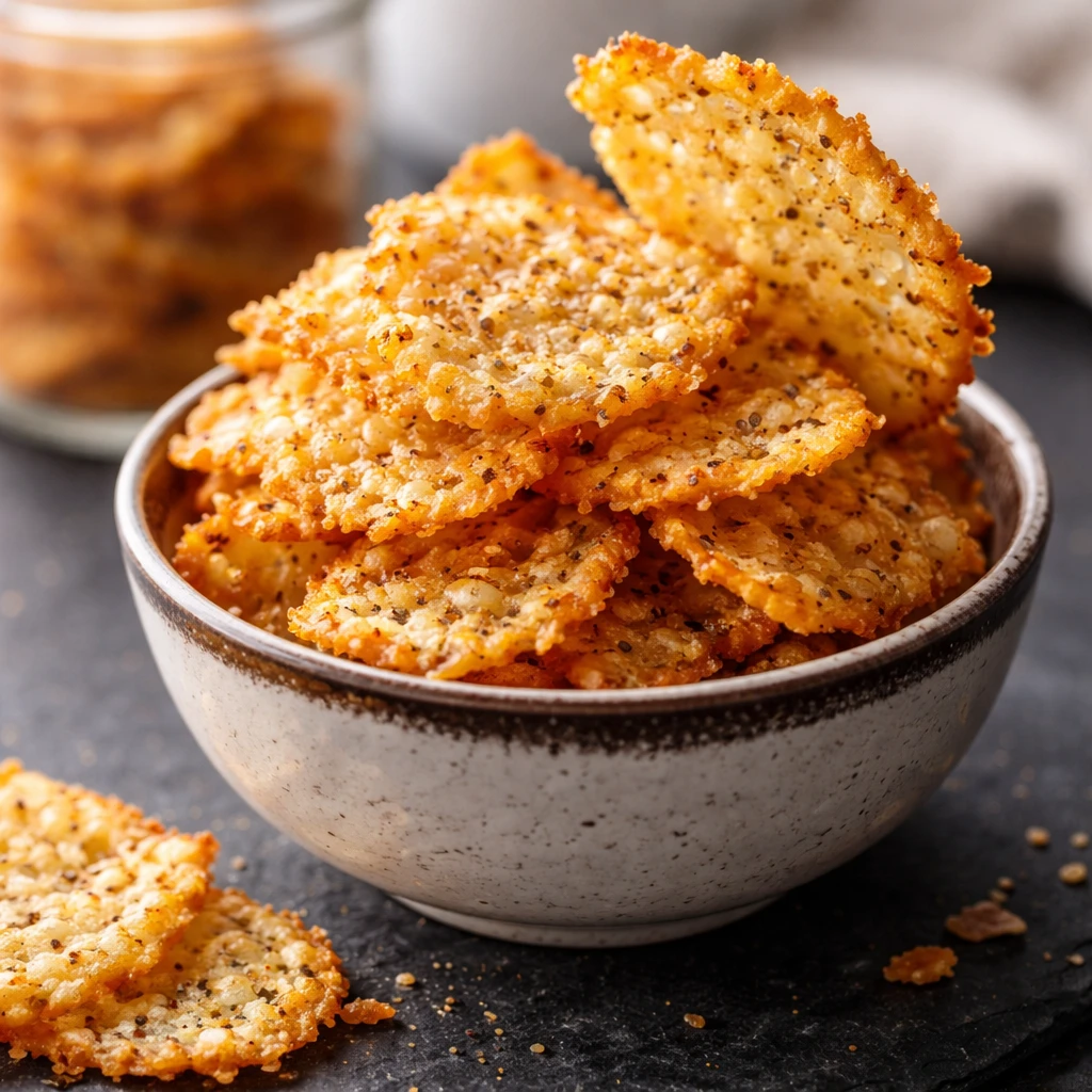 Close-up detail of a small bowl piled high with mixed cheddar-parmesan keto protein chips, showcasin