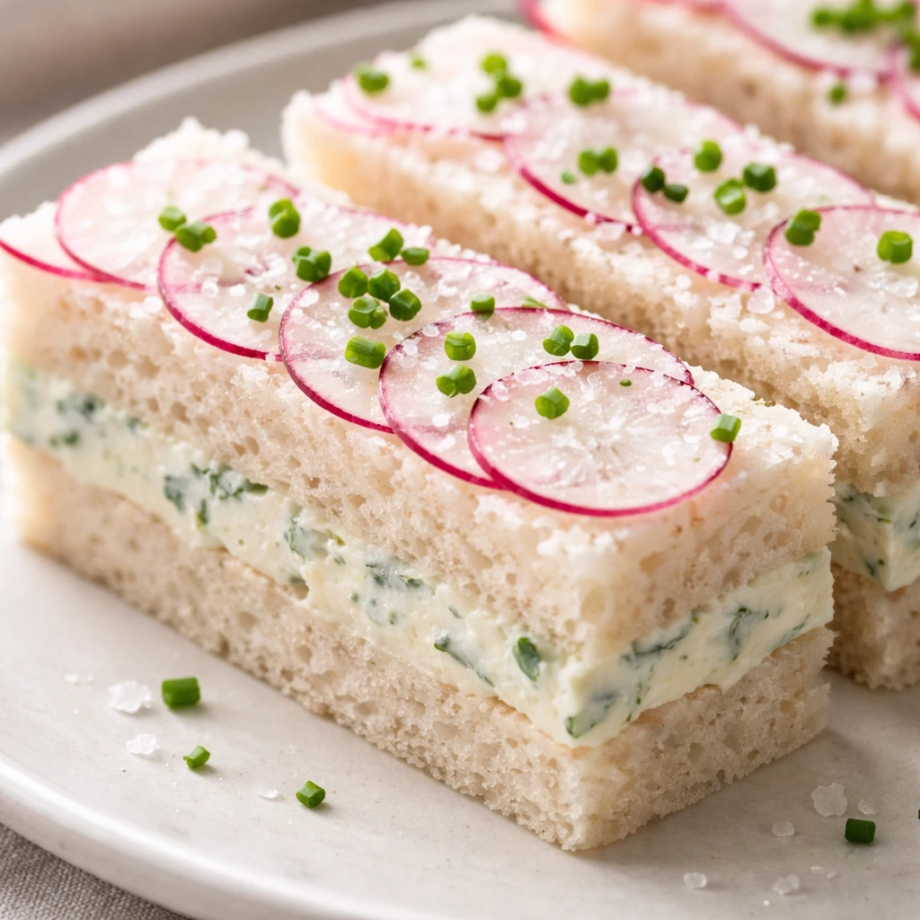 Close-up detail of assembled radish butter tea sandwich “fingers” just after cutting: tight macr