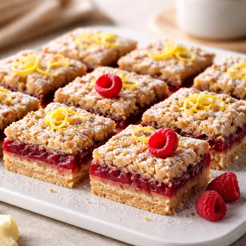 Close-up detail of sliced Raspberry Lemon Crumble Bars neatly arranged on a matte white platter, bar