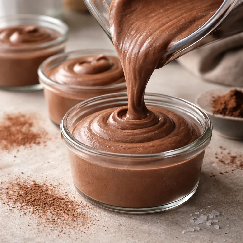 Close-up detail/process: Silky chocolate sugar-free protein mousse being poured from a blender jar i