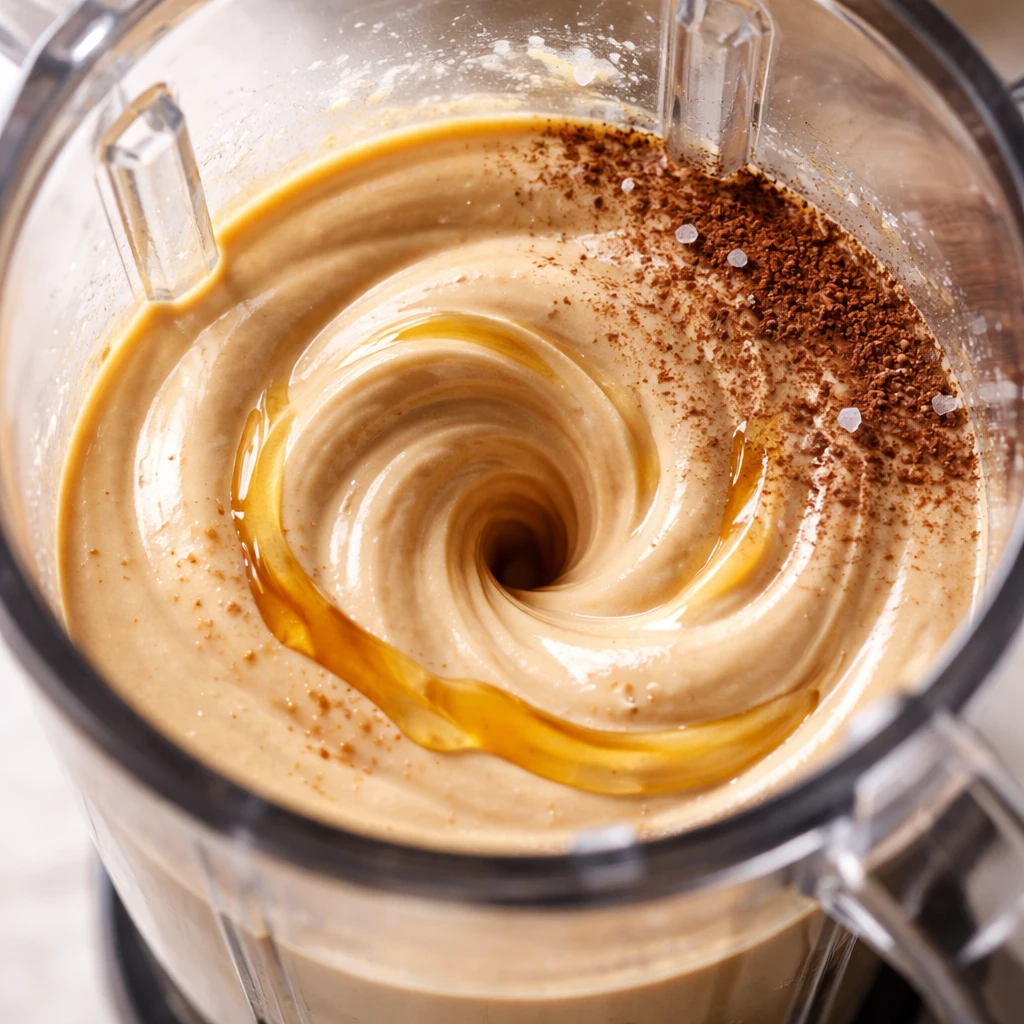 Close-up detail shot of peanut butter cottage cheese mousse being blended to a silky, curd-free text