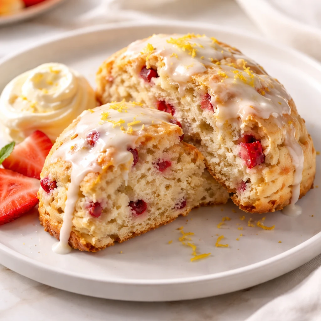 Close-up of a plated Strawberries and Cream Scone, split open to reveal the soft, buttery interior s