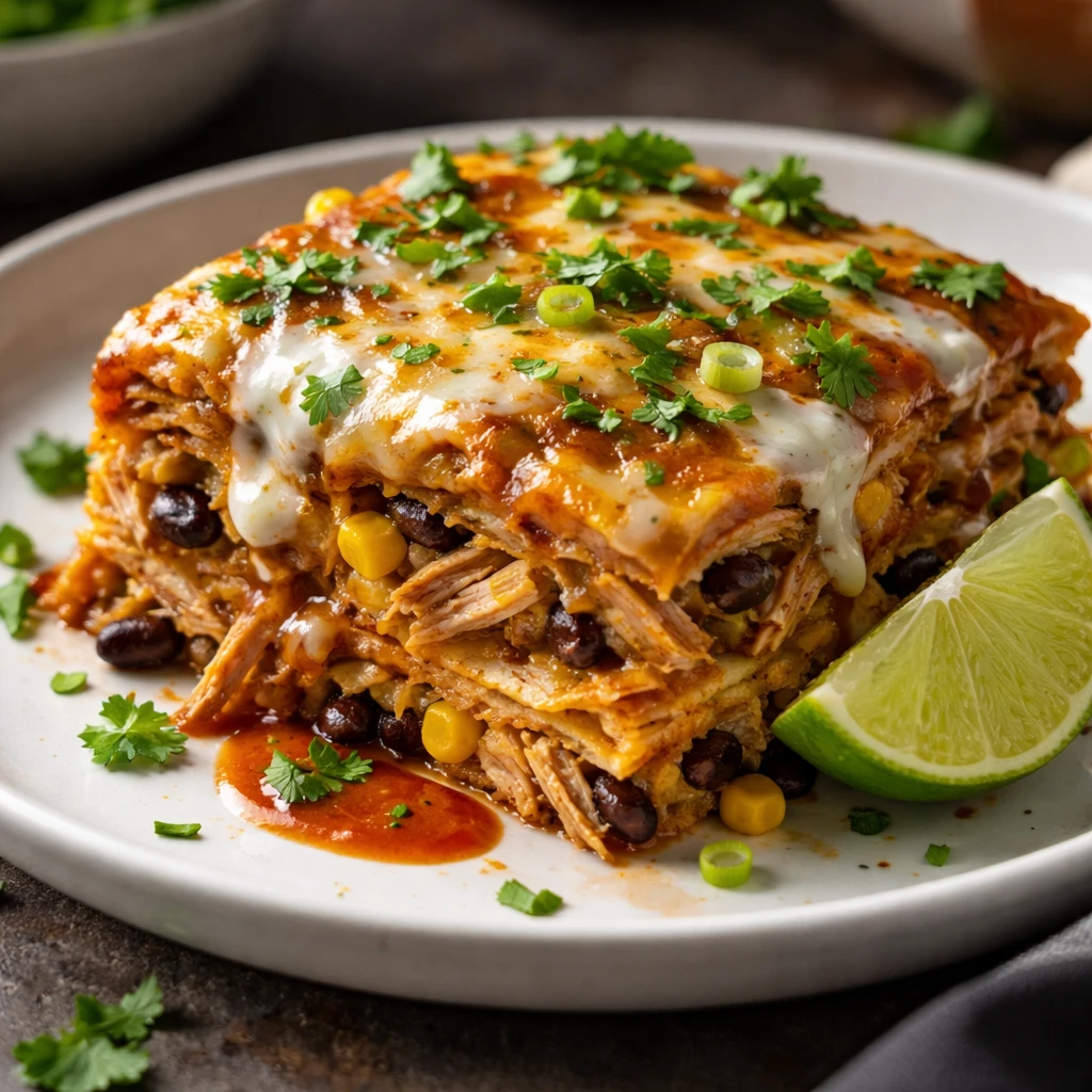 Close-up, plated serving of the enchilada bake showing a neatly cut square on a matte white plate: l