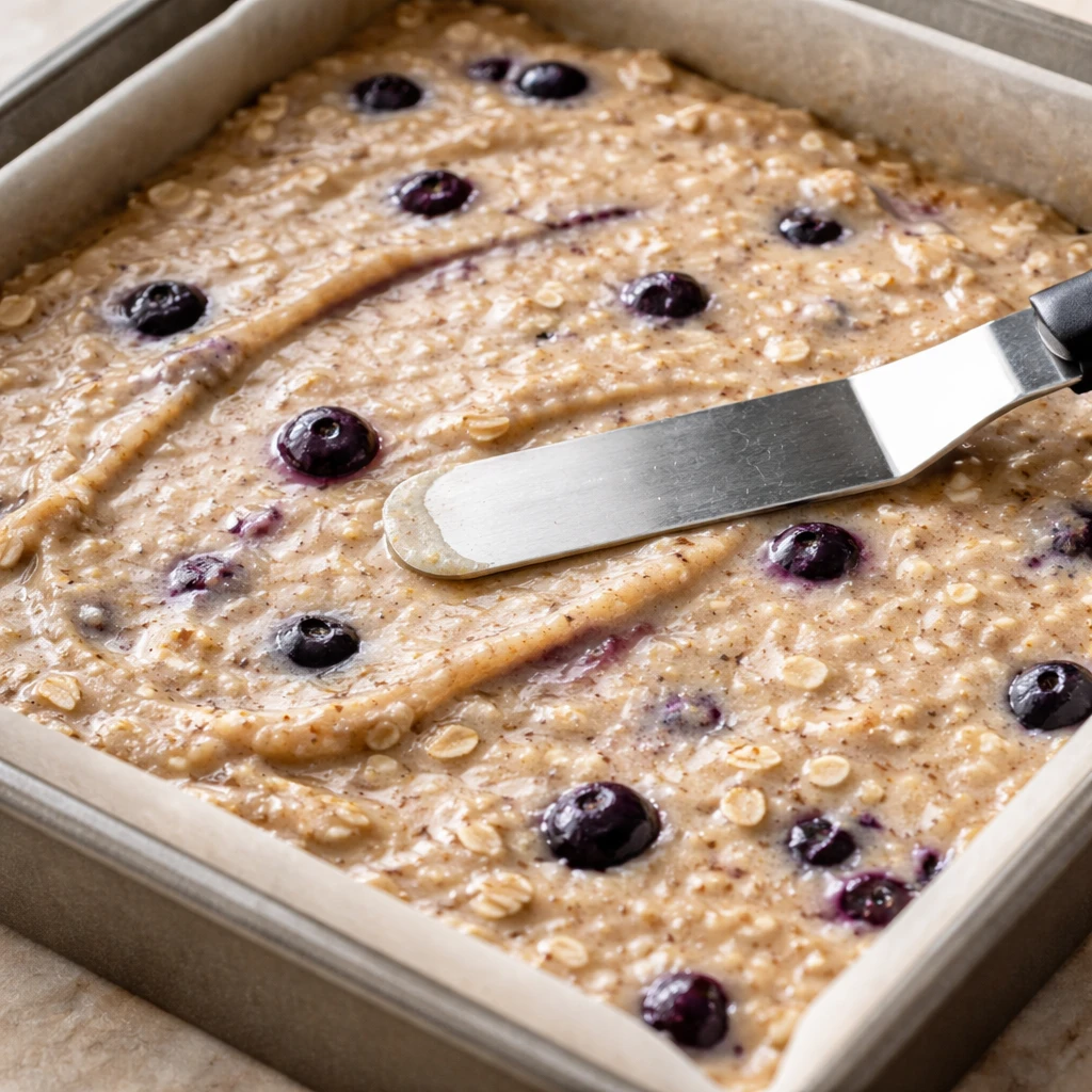 Close-up process detail: thick, spreadable batter being smoothed evenly into a parchment-lined 8x8 p