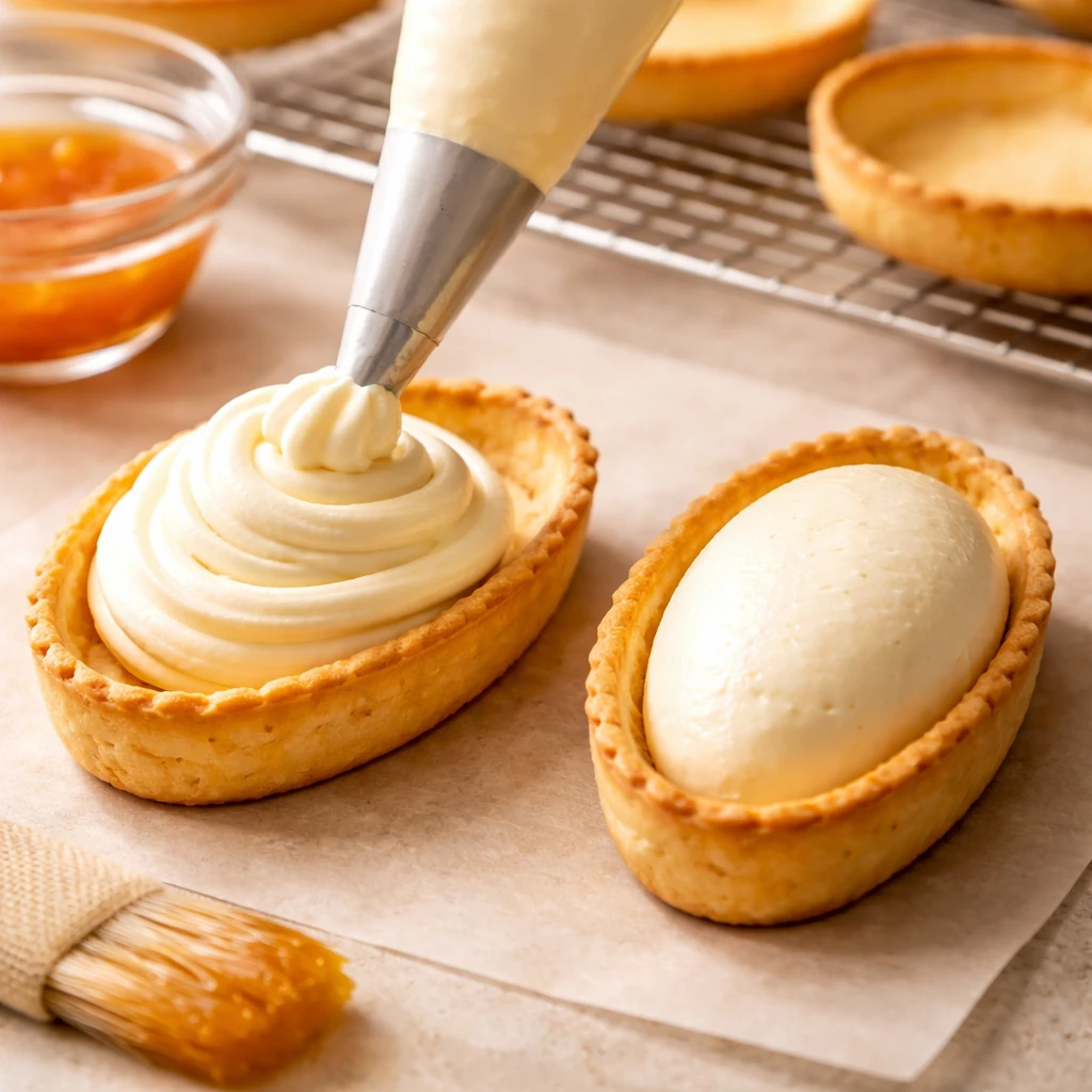 Close-up process shot of a just-baked egg-oval tart shell being filled: a neat swirl of fluffy masca
