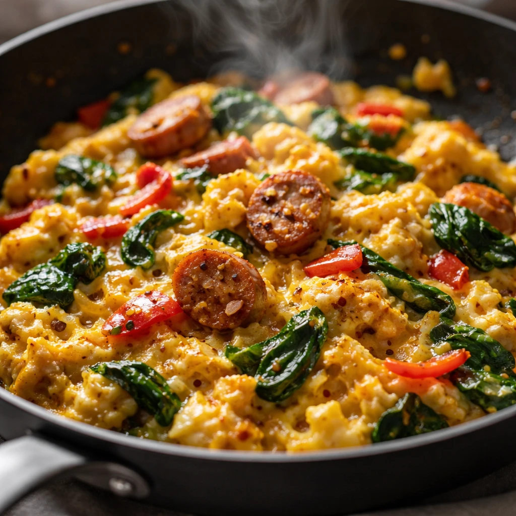 Close-up process shot: Scrambled egg, sausage, and sautéed pepper-onion filling just set in a nonst