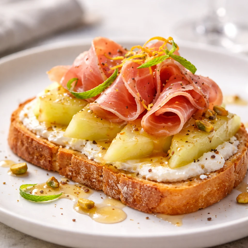 Close-up, shallow depth-of-field detail of a plated Prosciutto Melon Crostini on a matte white plate