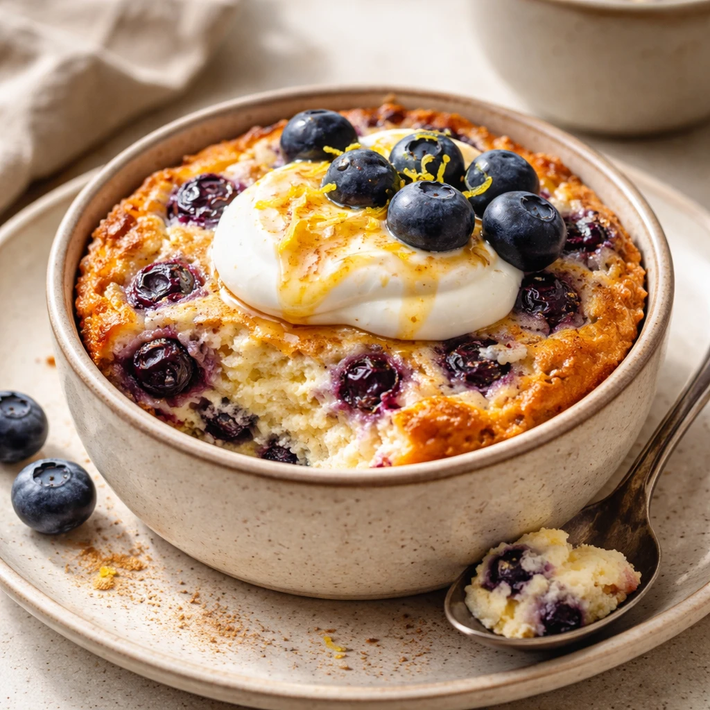 Close-up, three-quarter angle final presentation of a single warm baked blueberry cottage cheese bow
