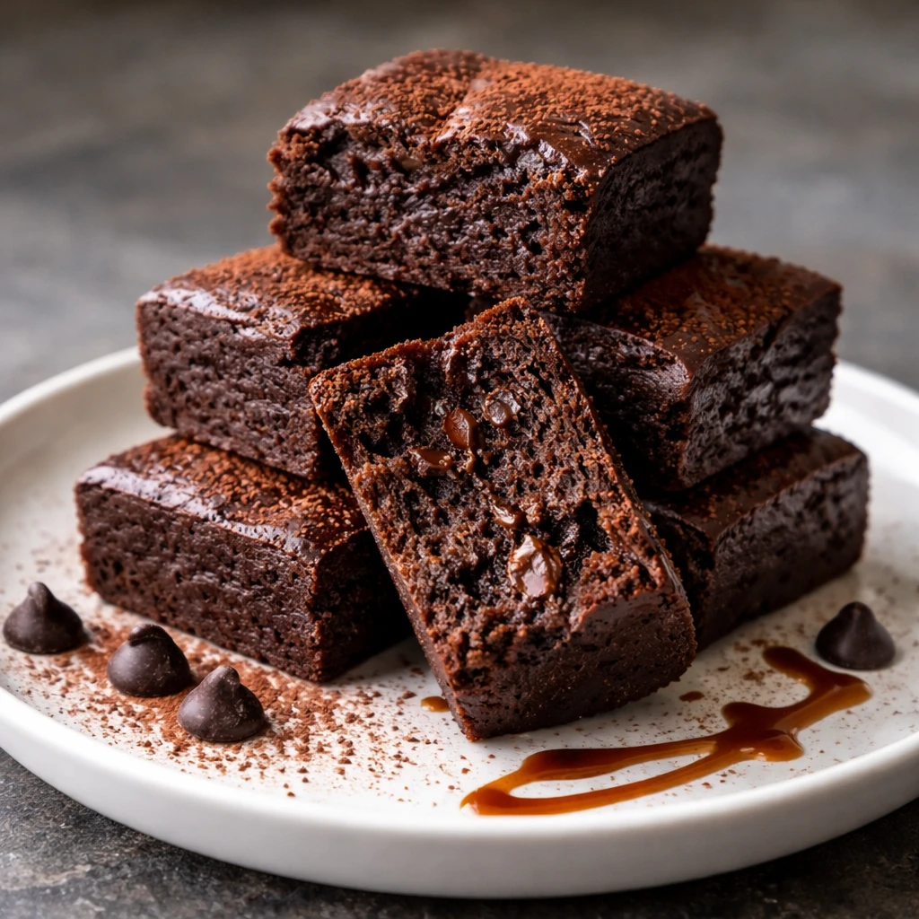 Close-up, three-quarter angle of plated brownie bites stacked on a small matte white dessert plate,