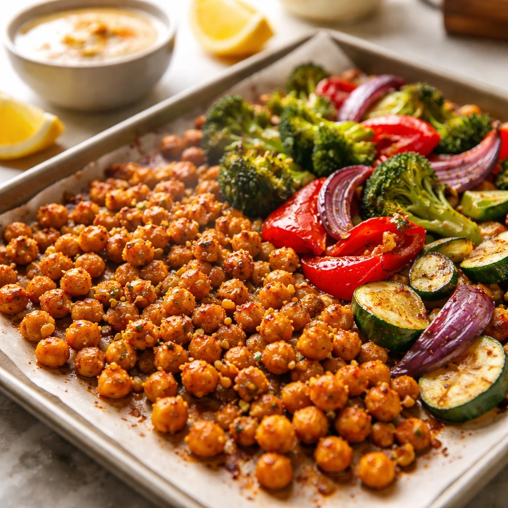 Close-up, three-quarter angle of the roasting stage on a parchment-lined sheet pan: chickpeas roaste