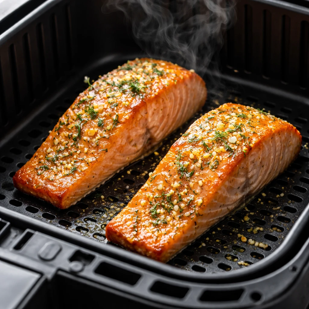 Cooking process close-up: Air fryer basket with two cooked salmon fillets, skin-side down, edges lig
