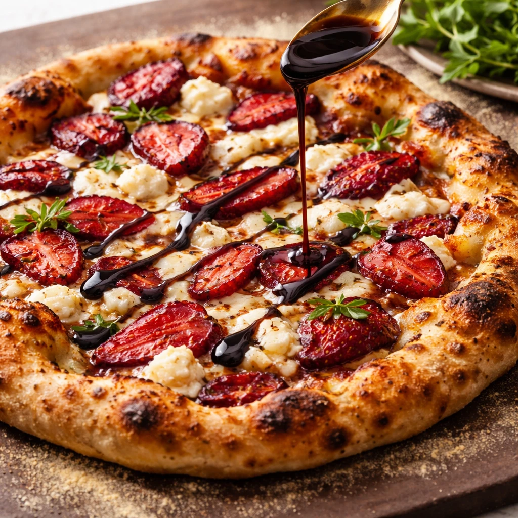 Cooking process close-up: Balsamic strawberry goat cheese pizza just out of the oven on a hot pizza 
