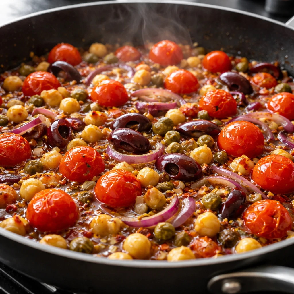 Cooking process close-up: Chickpea and cherry tomato sauté for Mediterranean Chickpea Pasta sizzlin