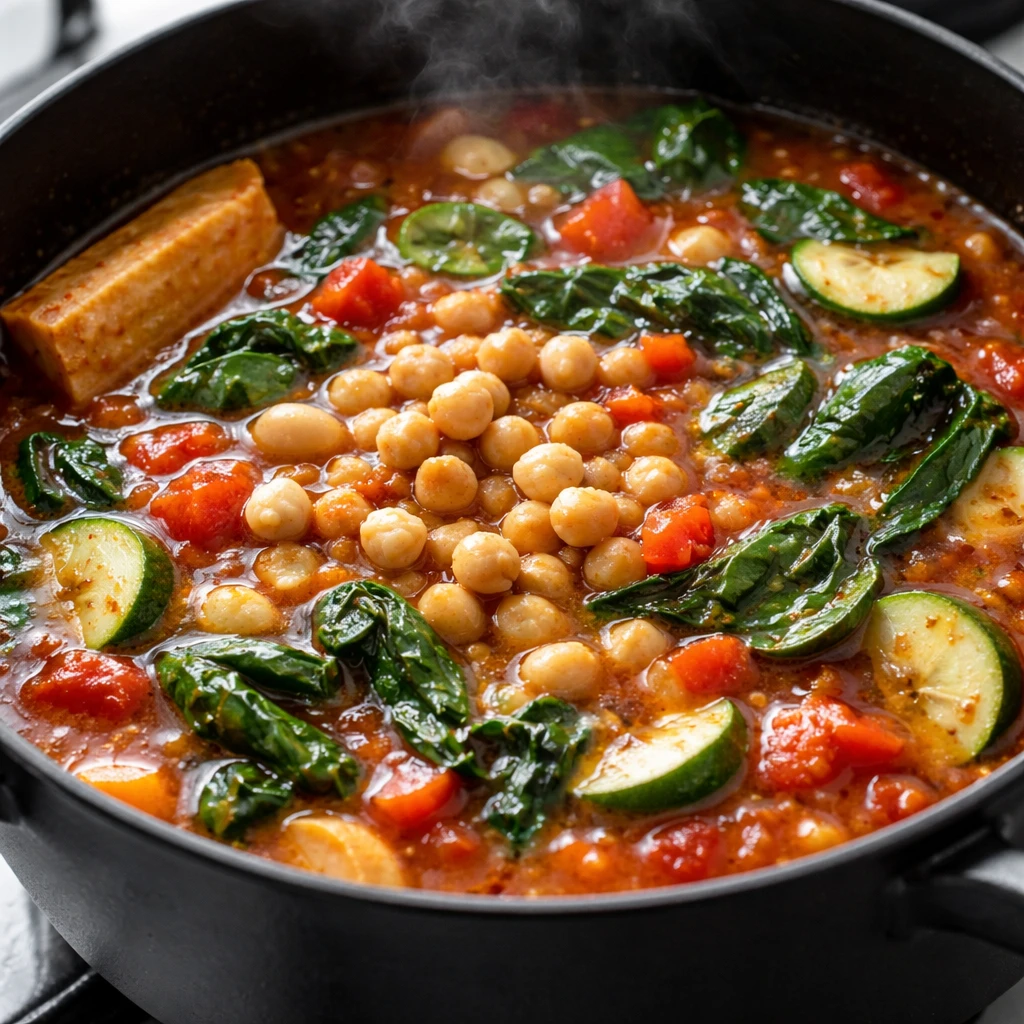 Cooking process, close-up detail: A simmering pot of Mediterranean vegetable soup in a matte black D
