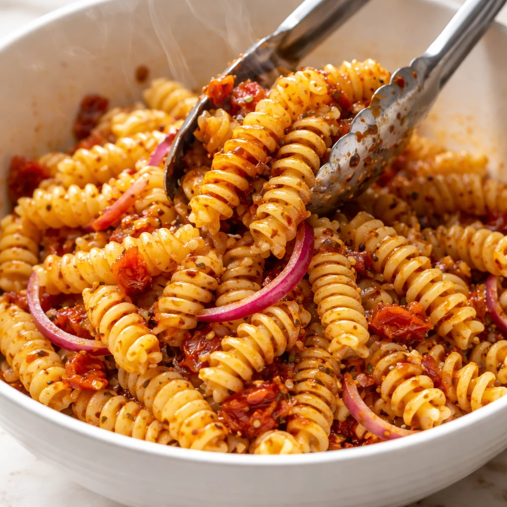 Cooking process, close-up detail: Close-up of just-cooked al dente fusilli being tossed with two-thi