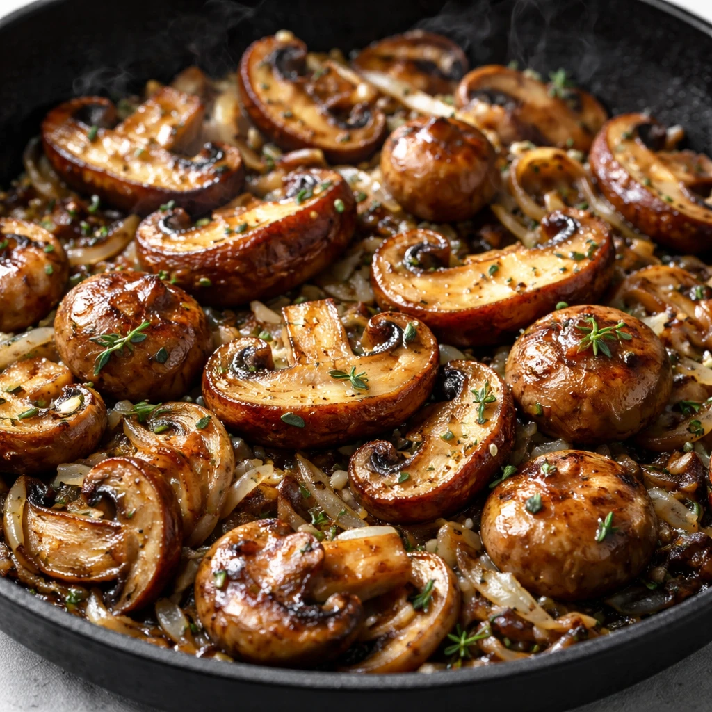 Cooking process close-up: Golden-browned cremini and shiitake mushrooms sizzling in a skillet with t
