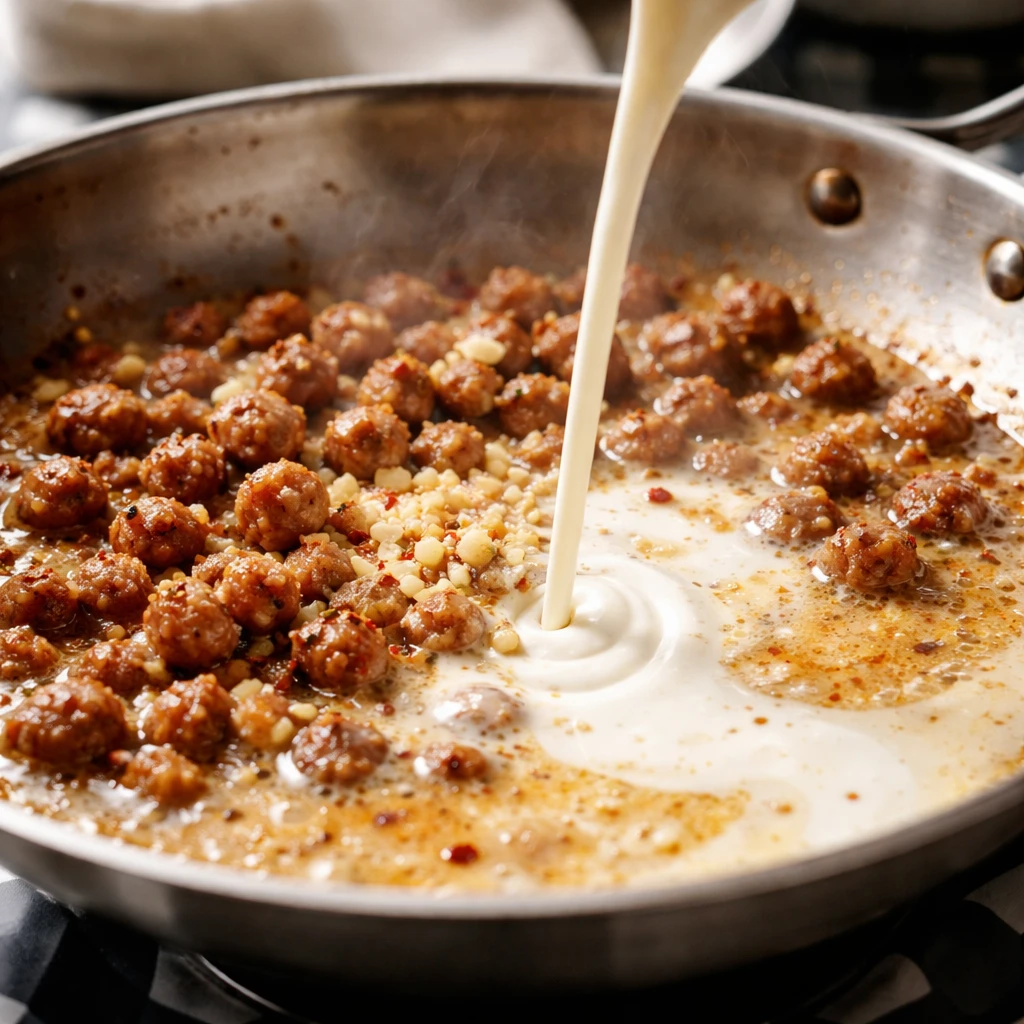 Cooking process close-up: Golden-browned Italian sausage crumbles sizzling in a wide stainless skill