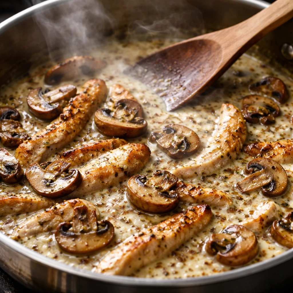 Cooking process close-up: Golden-browned sliced cremini mushrooms and thin strips of seared chicken 