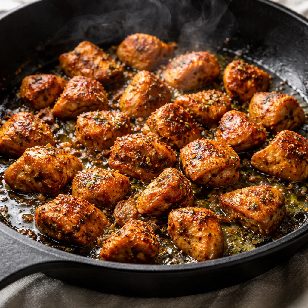 Cooking process close-up: Juicy, bite-size chicken breast pieces searing in a hot cast-iron skillet,