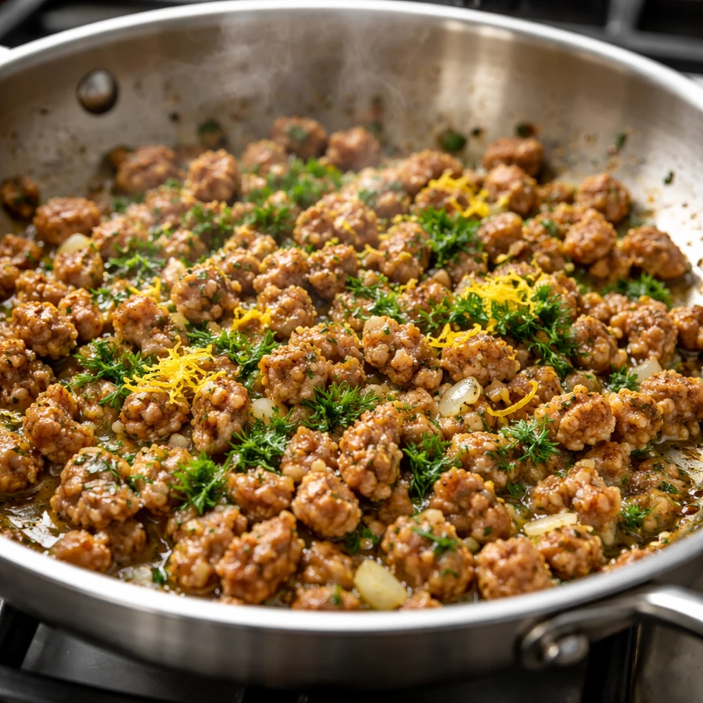 Cooking process close-up: Lean ground turkey sizzling in a wide stainless skillet, lightly browned c