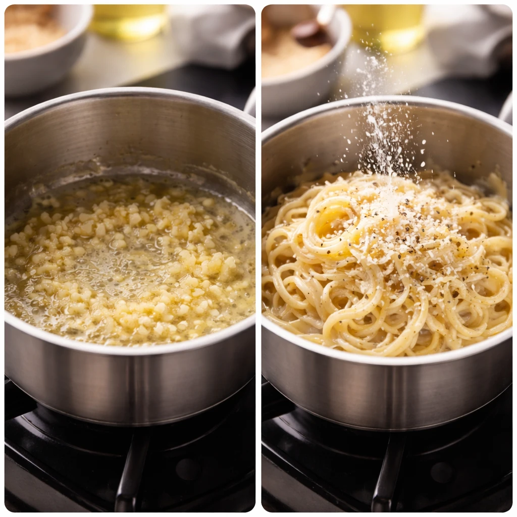 Cooking process close-up: Minced garlic gently sizzling in melted butter at the bottom of a small sa