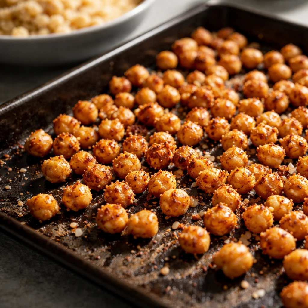 Cooking process close-up: Roasted chickpeas just out of the oven on a dark sheet pan, golden and cri