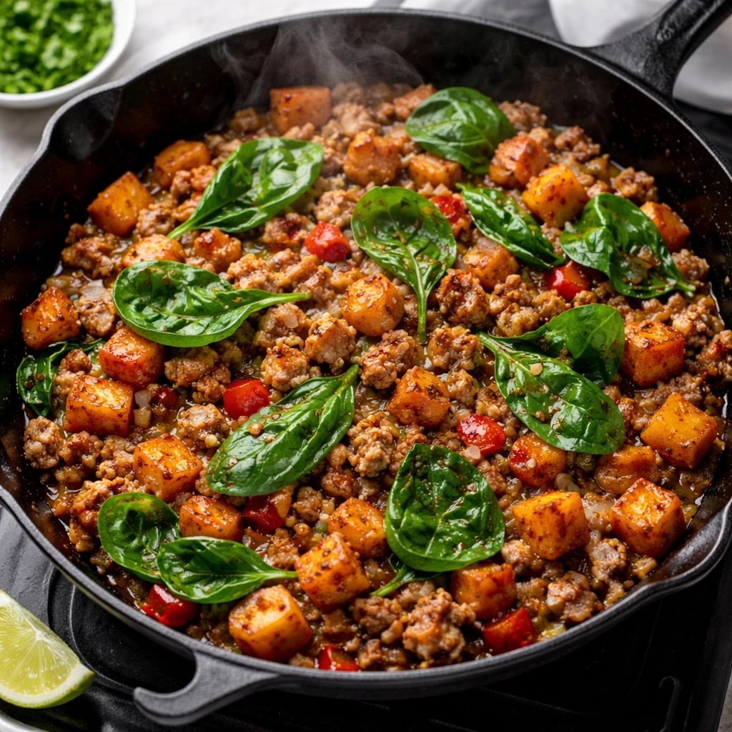 Cooking process close-up: Sizzling ground turkey sweet potato skillet mid-cook in a large black cast
