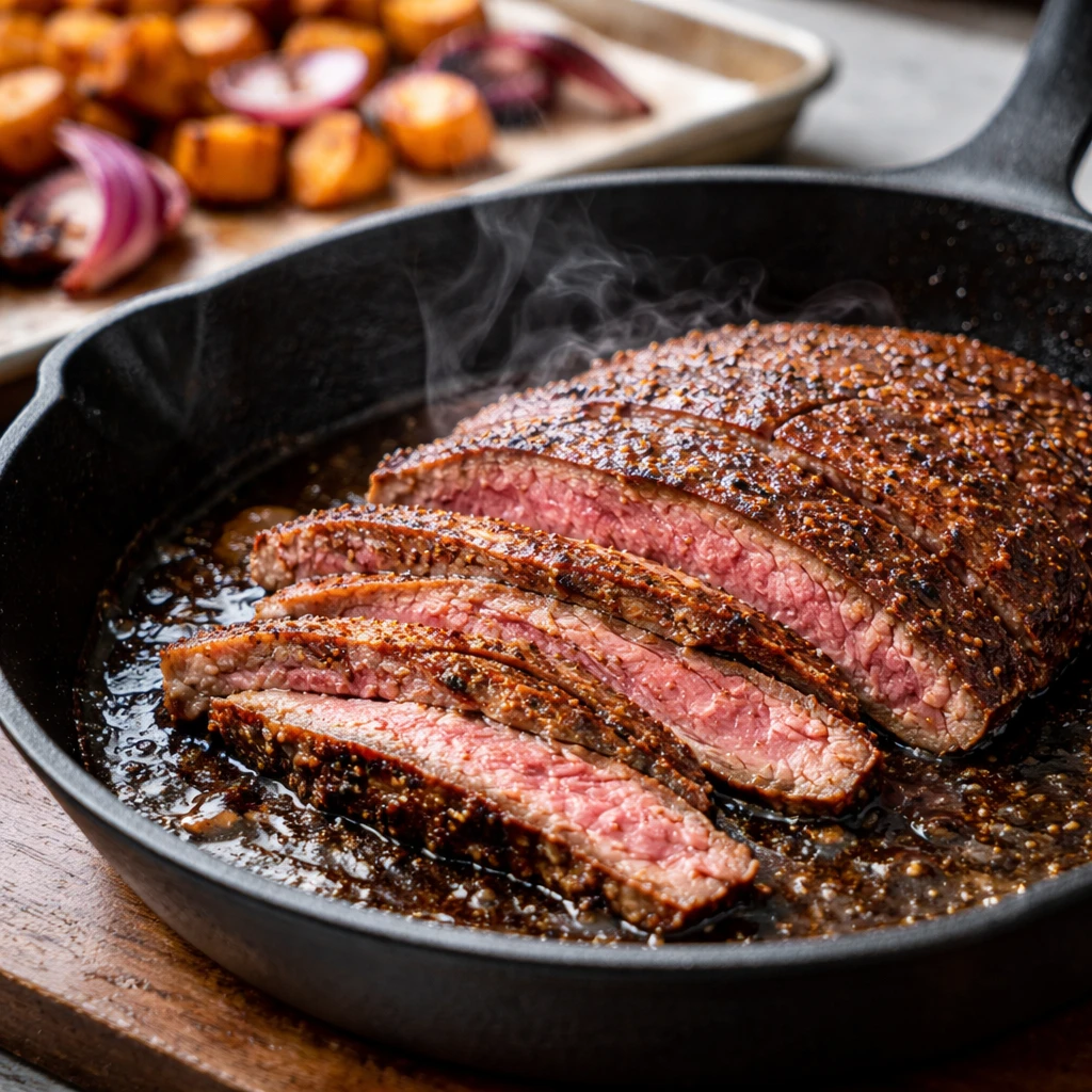 Cooking process close-up: Sliced medium-rare flank steak sizzling in a cast-iron skillet, deep brown