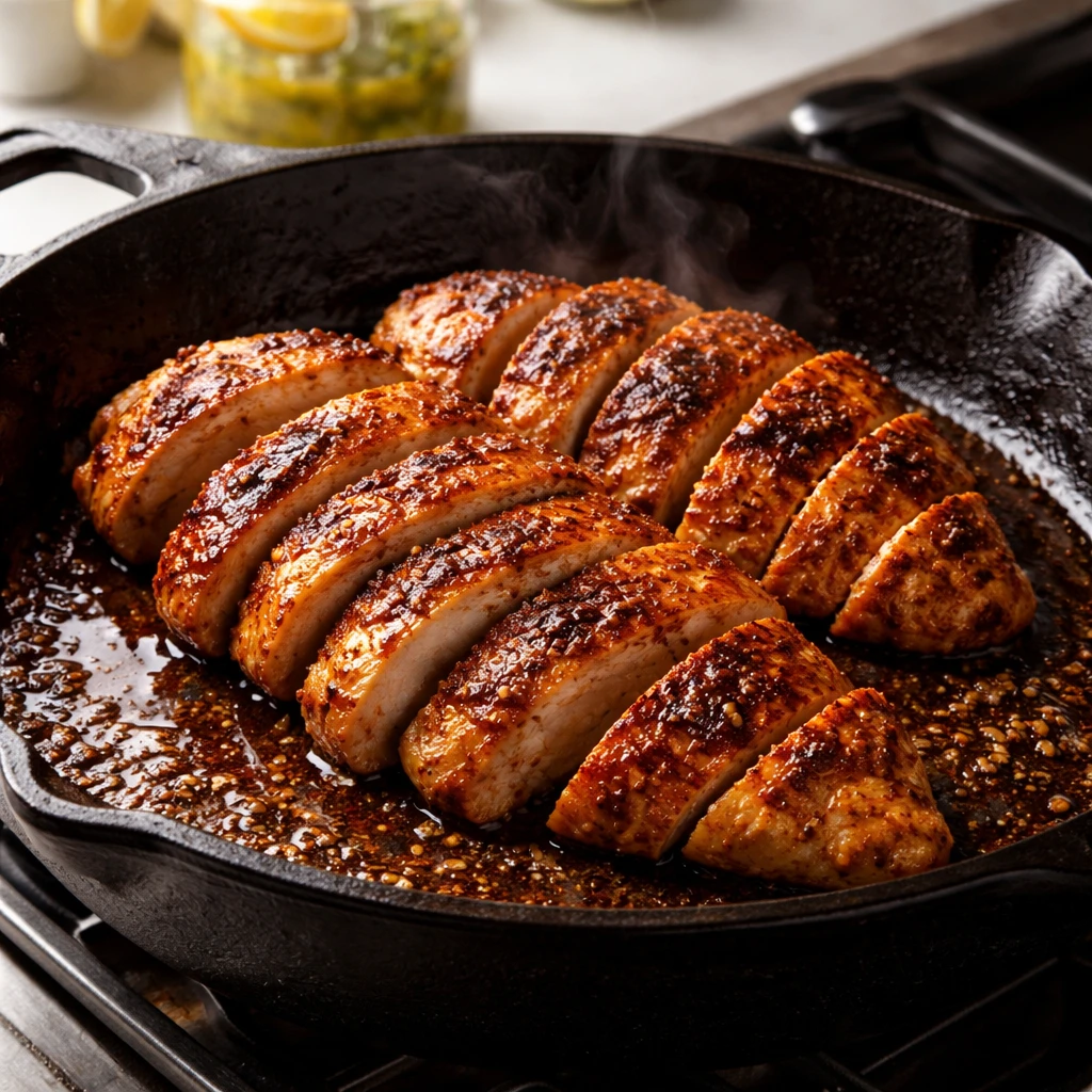 Cooking process close-up: Sliced, paprika-garlic seasoned chicken breasts searing in a cast-iron ski