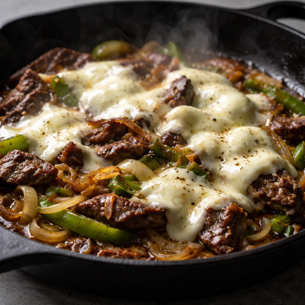 Cooking process close-up: Thinly sliced ribeye steak searing in a cast-iron skillet over high heat, 