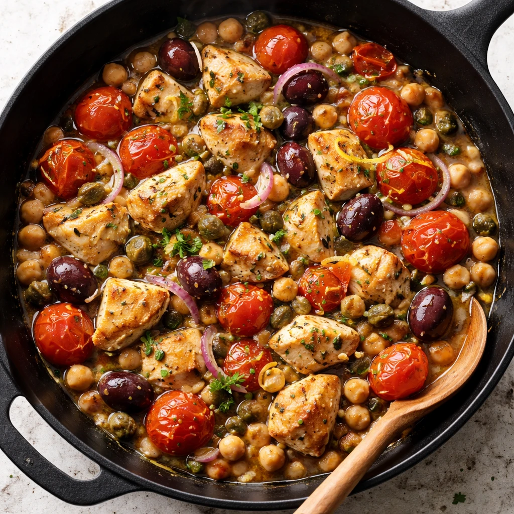 Cooking process, overhead skillet action: Overhead shot of a sizzling Mediterranean chicken and chic