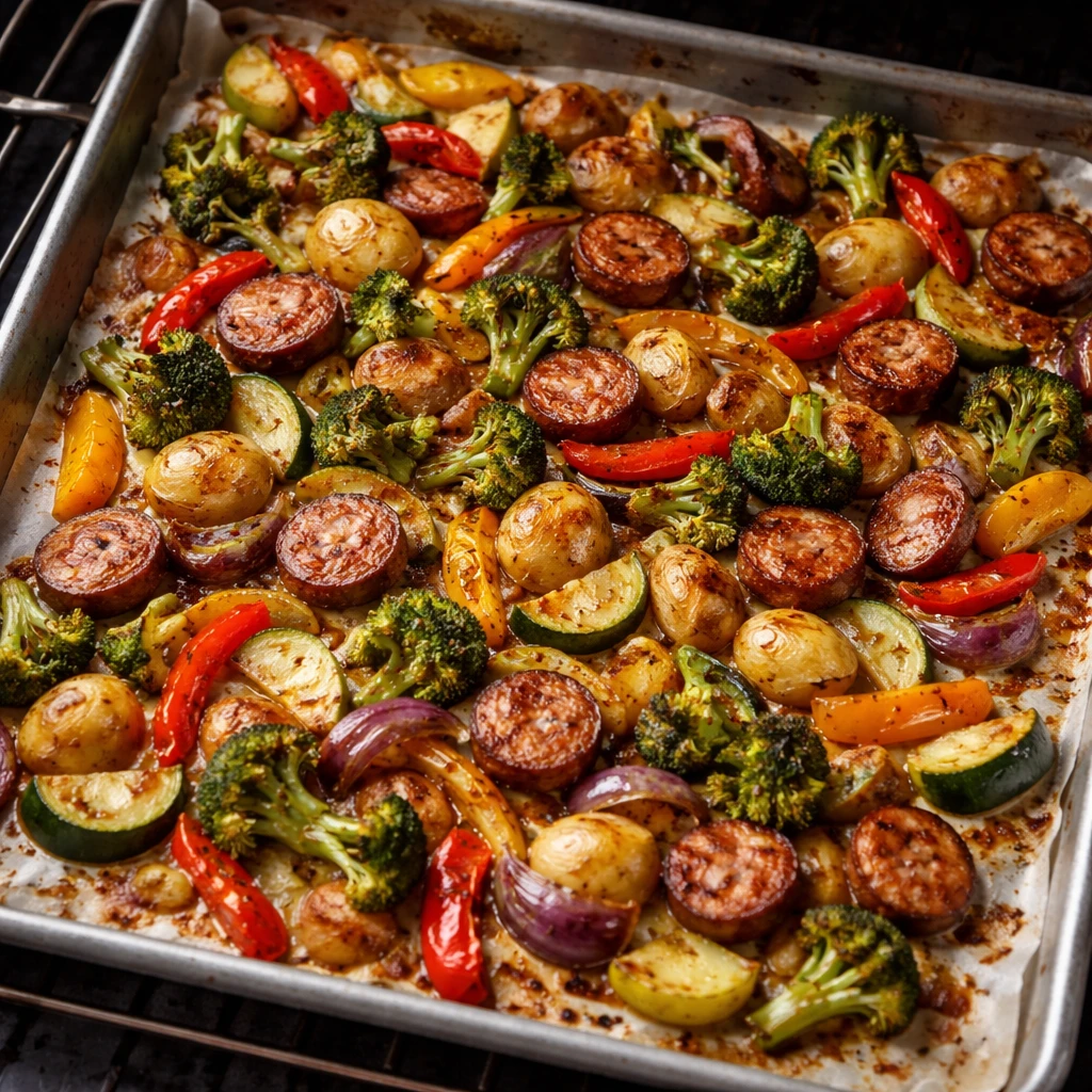 Cooking process — sheet pan in oven: Overhead shot of a single large rimmed sheet pan just after t
