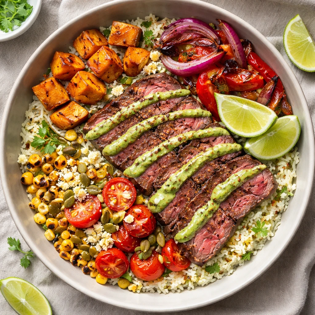 Final bowl overhead: Steak and Sweet Potato Bowls fully assembled over cilantro-lime rice, neat fan 