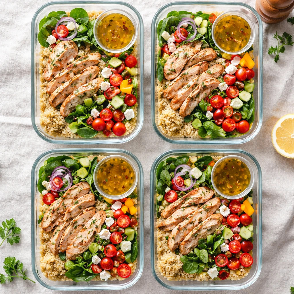Final bowl overhead: Tasty top-down shot of Chicken Quinoa Meal Prep Bowls assembled in four glass c