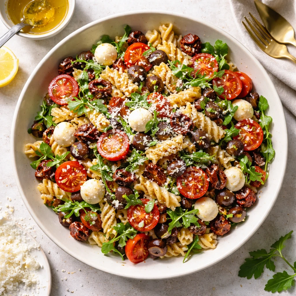 Final dish, : Overhead shot of Sun-Dried Tomato Cold Pasta Salad beautifully plated in a wide, low m