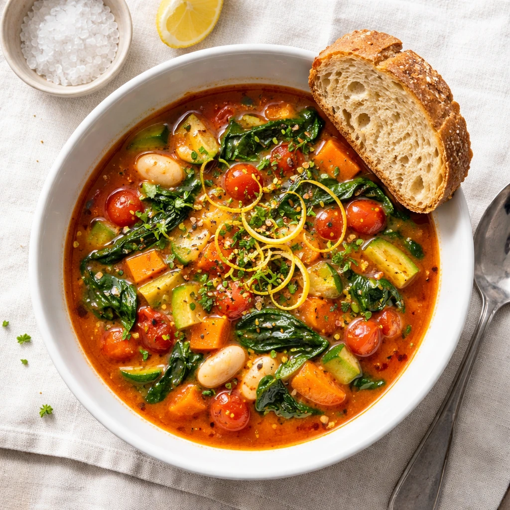Final dish, tasty top view: Overhead shot of a beautifully plated bowl of Mediterranean vegetable so